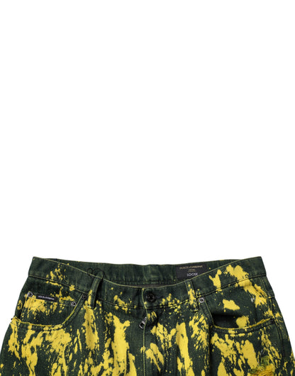 Black Yellow Tie Dye Tattered Skinny Men Denim Jeans
