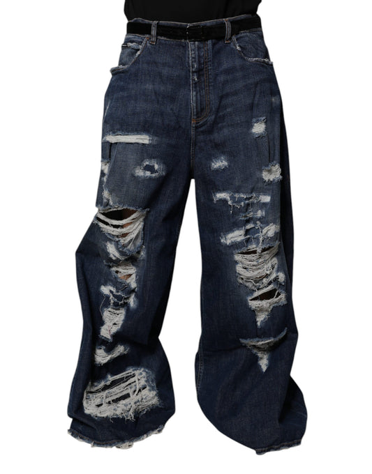 Dark Blue Tattered Wide Leg Men Denim Jeans