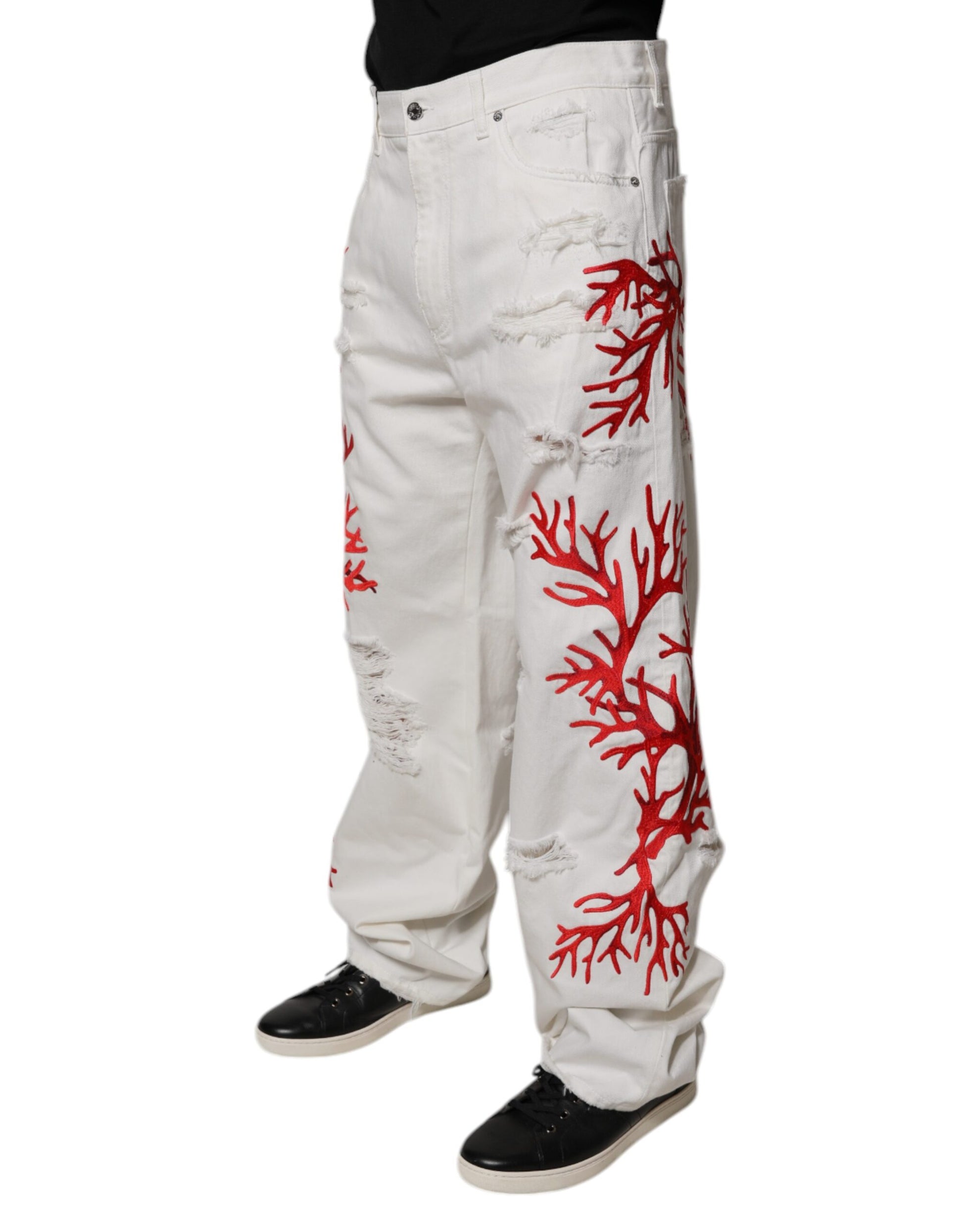 White Corals Tattered Straight Denim Jeans