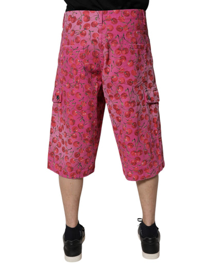 Pink Cherry Print Cargo Cotton Shorts