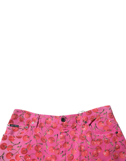 Pink Cherry Print Cargo Cotton Shorts