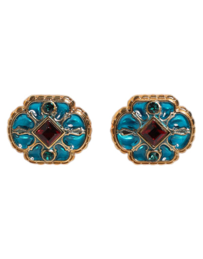 Gold Brass Blue Enameled Flower Cufflink