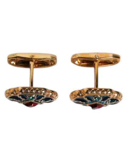 Gold Brass Blue Enameled Flower Cufflink