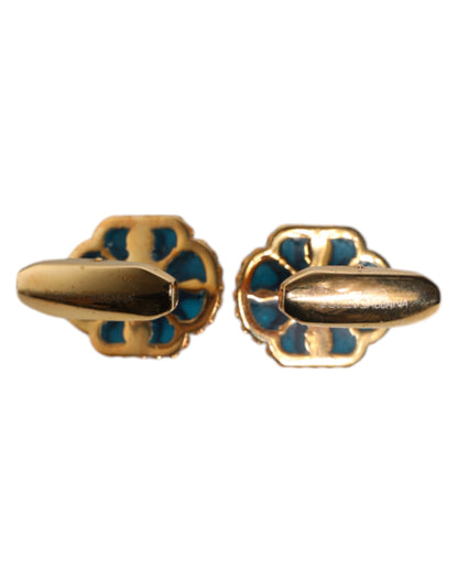 Gold Brass Blue Enameled Flower Cufflink