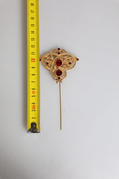 Gold Tone Red Crystal Embellish 925 Sterling Silver Pin