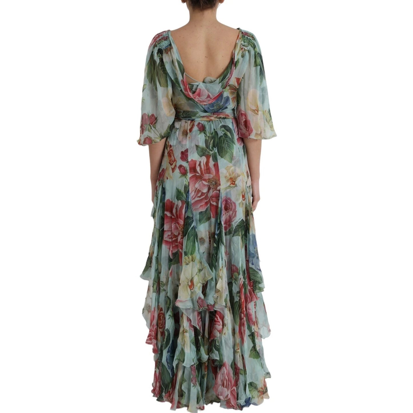 Blue Floral Print Tiered Long Maxi Dress