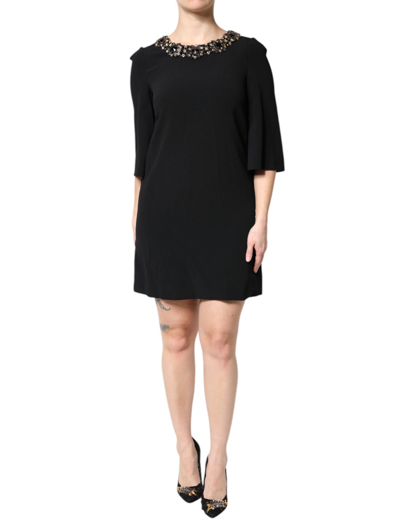 Black Crystal Embellished Round Neck Mini Dress