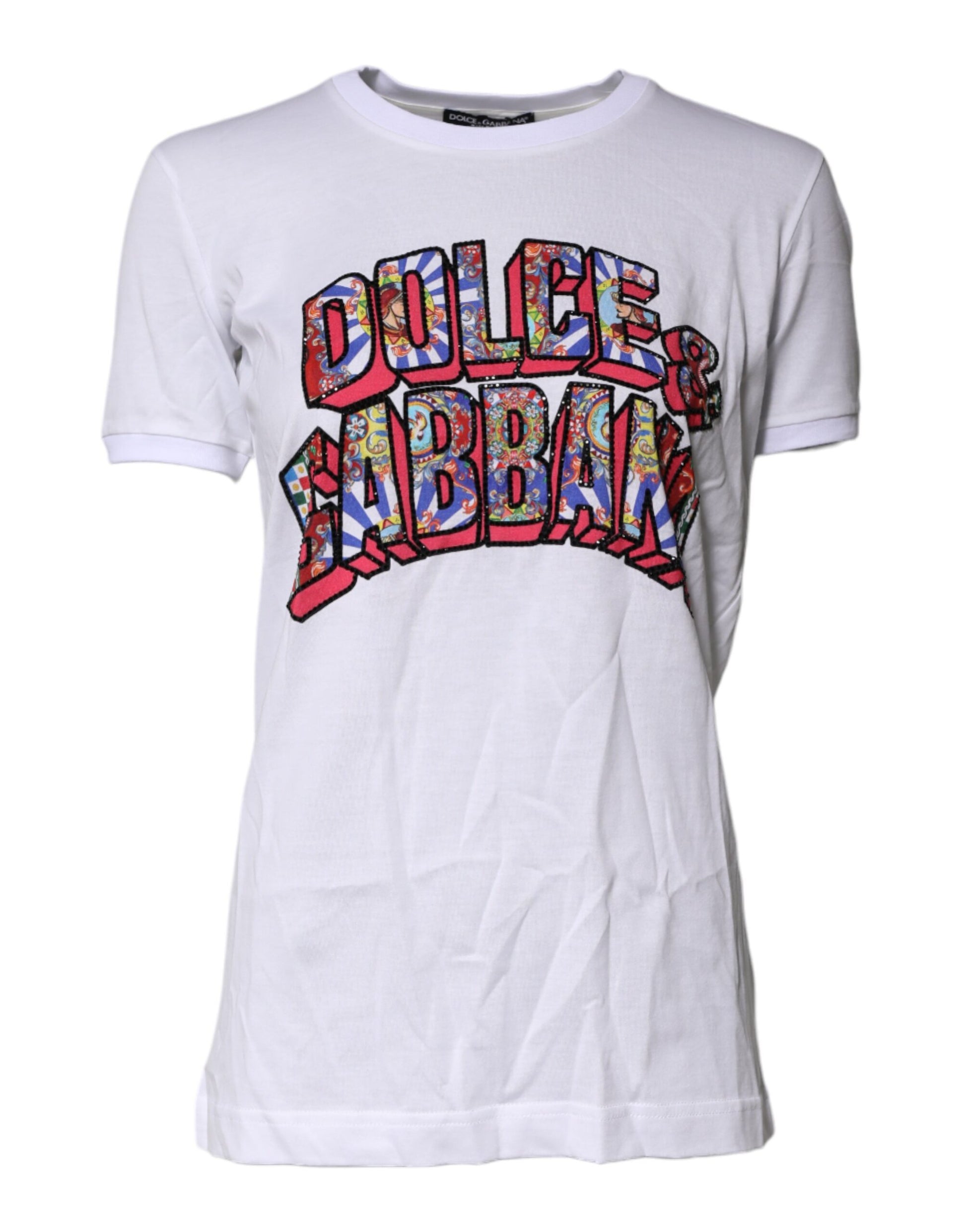White Cotton Logo Print Round Neck T-shirt