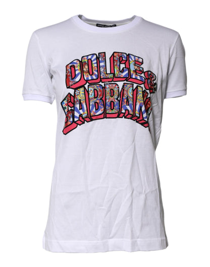 White Cotton Logo Print Round Neck T-shirt