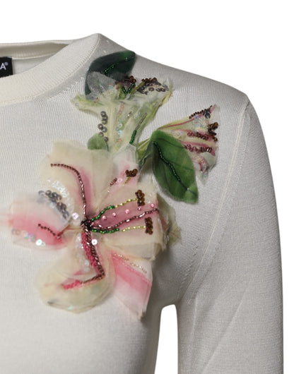 Cream Floral Silk Embellished Cardigan Sweater