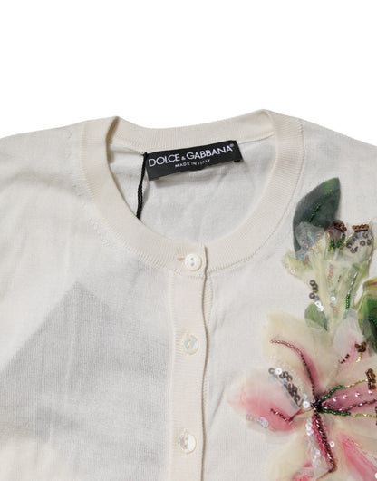 Cream Floral Silk Embellished Cardigan Sweater