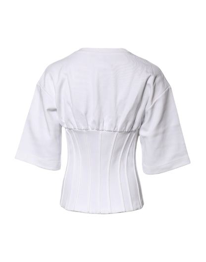 White Cotton Blend 3/4 Sleeves Blouse Top