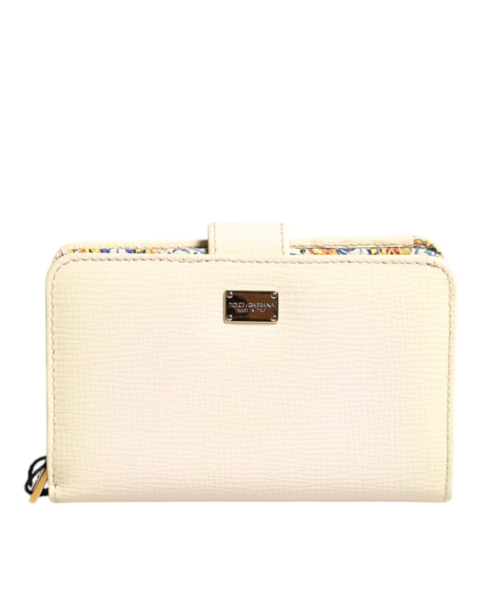 Ivory Calf Leather Compact Logo Plaque Card Holder Wallet