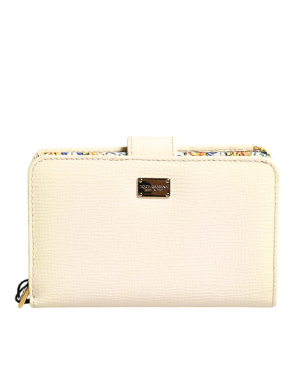 Ivory Calf Leather Compact Logo Plaque Card Holder Wallet