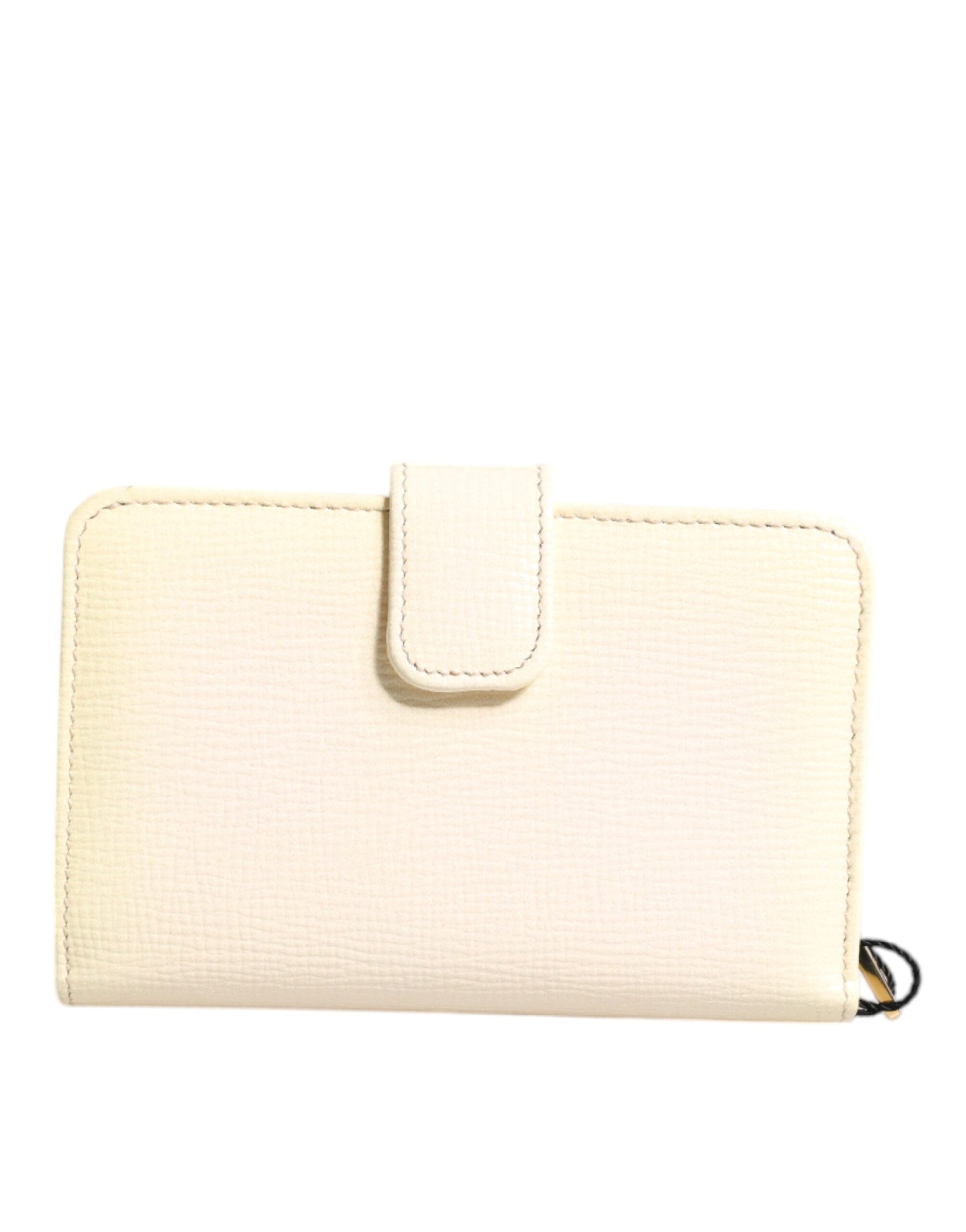 Ivory Calf Leather Compact Logo Plaque Card Holder Wallet