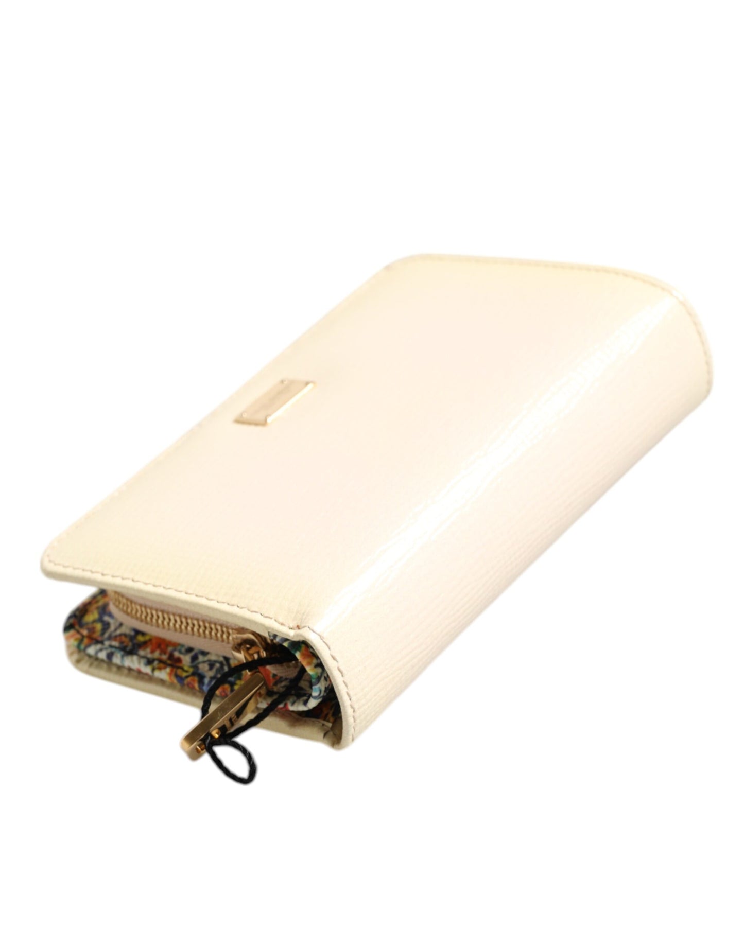 Ivory Calf Leather Compact Logo Plaque Card Holder Wallet