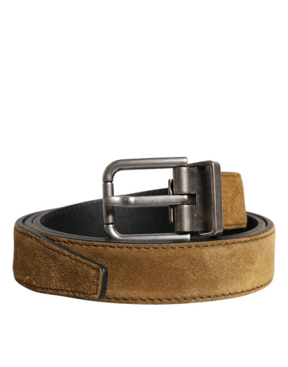 Brown Velvet Leather Logo Buckle Belt