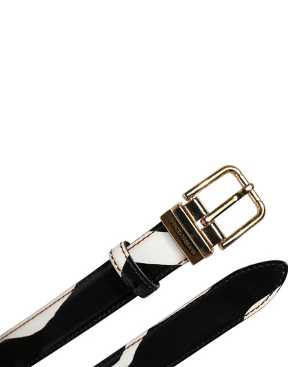 Black White Zebra Gold Metal Logo Buckle Belt