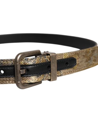 Gold Leather Jacquard Silver Metal Buckle Belt