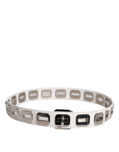White Leather Gold Tone Rotating Buckle Belt