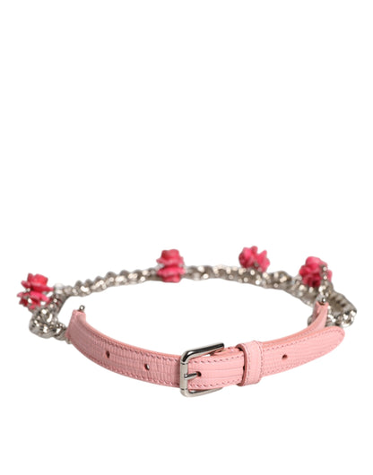 Pink Embelished Roses Textured Leather Belt