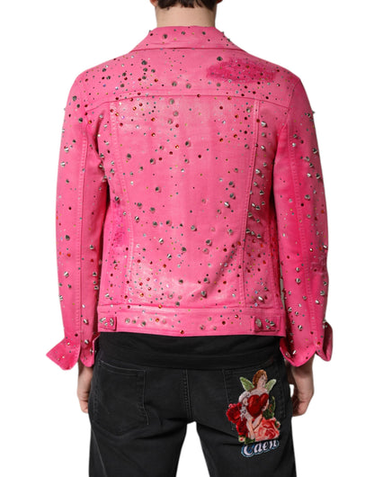 Pink Crystal Embellished Cotton Denim Jacket