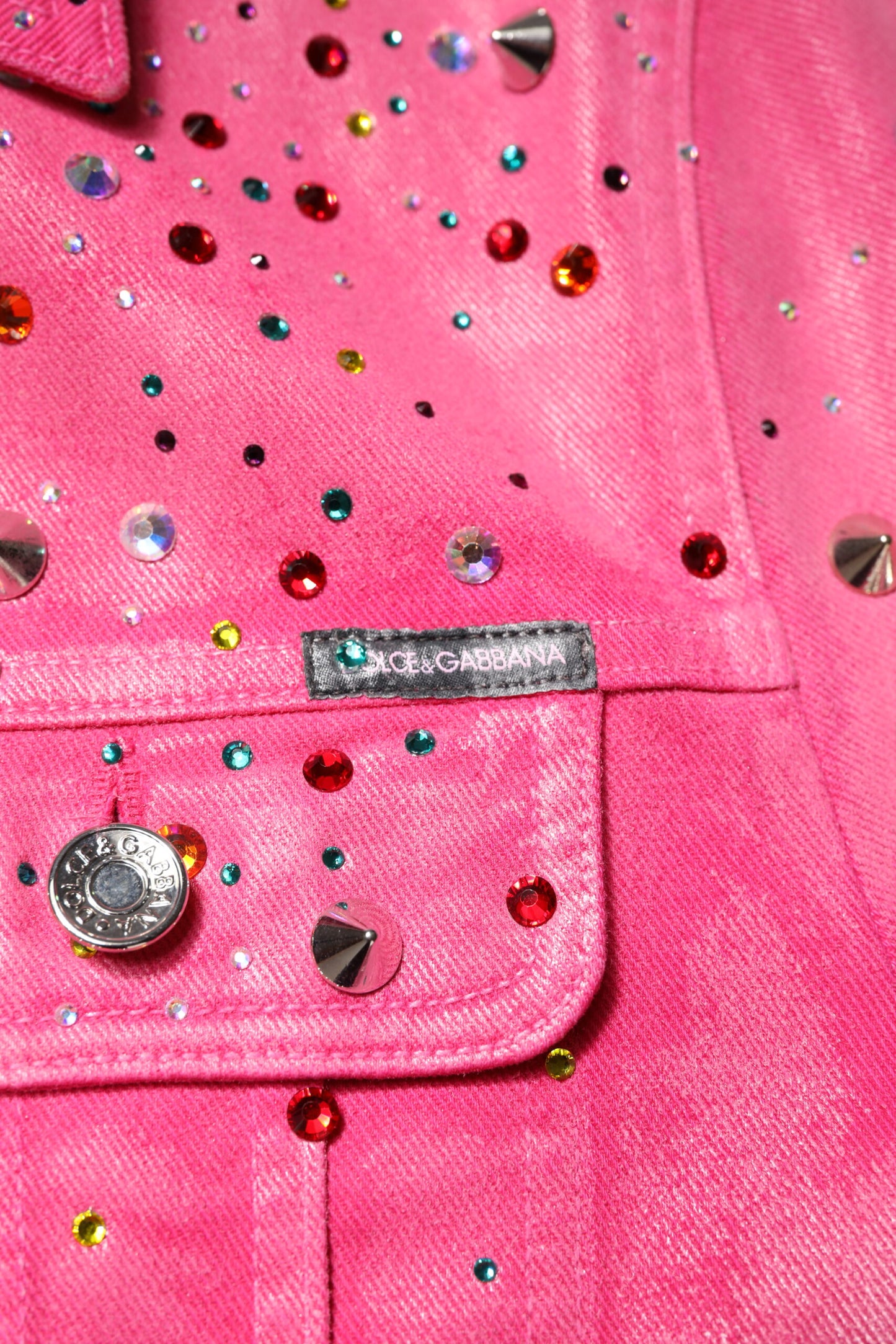 Pink Crystal Embellished Cotton Denim Jacket