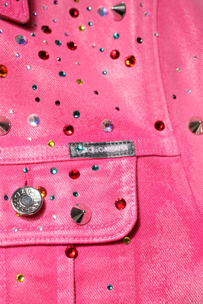 Pink Crystal Embellished Cotton Denim Jacket