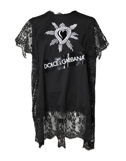 Black Lace Sheer Sacred Heart Crew Neck Top