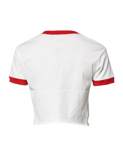 White Printed Round Neck Cropped Top T-shirt