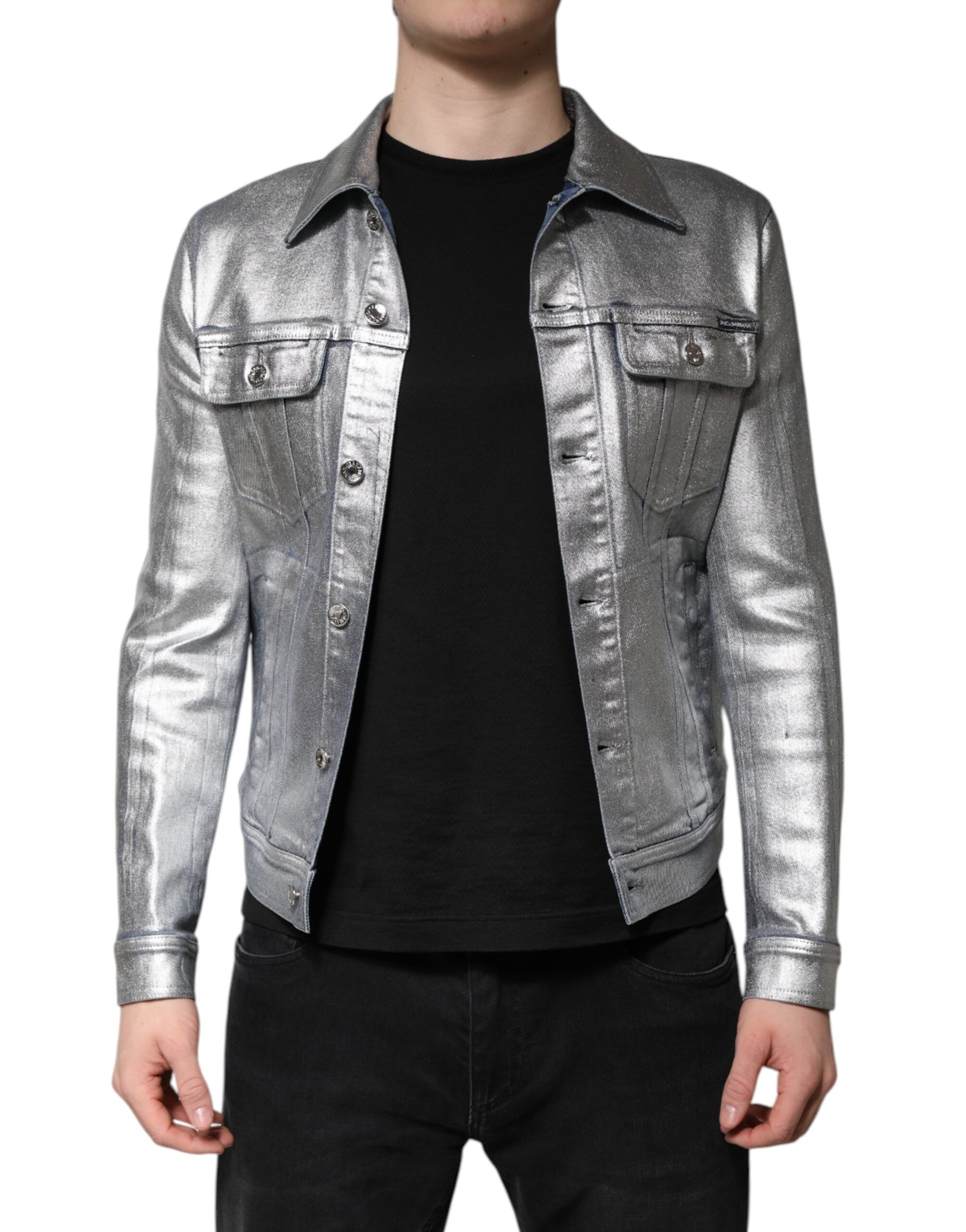Silver Cotton Button Down Denim Biker Jacket