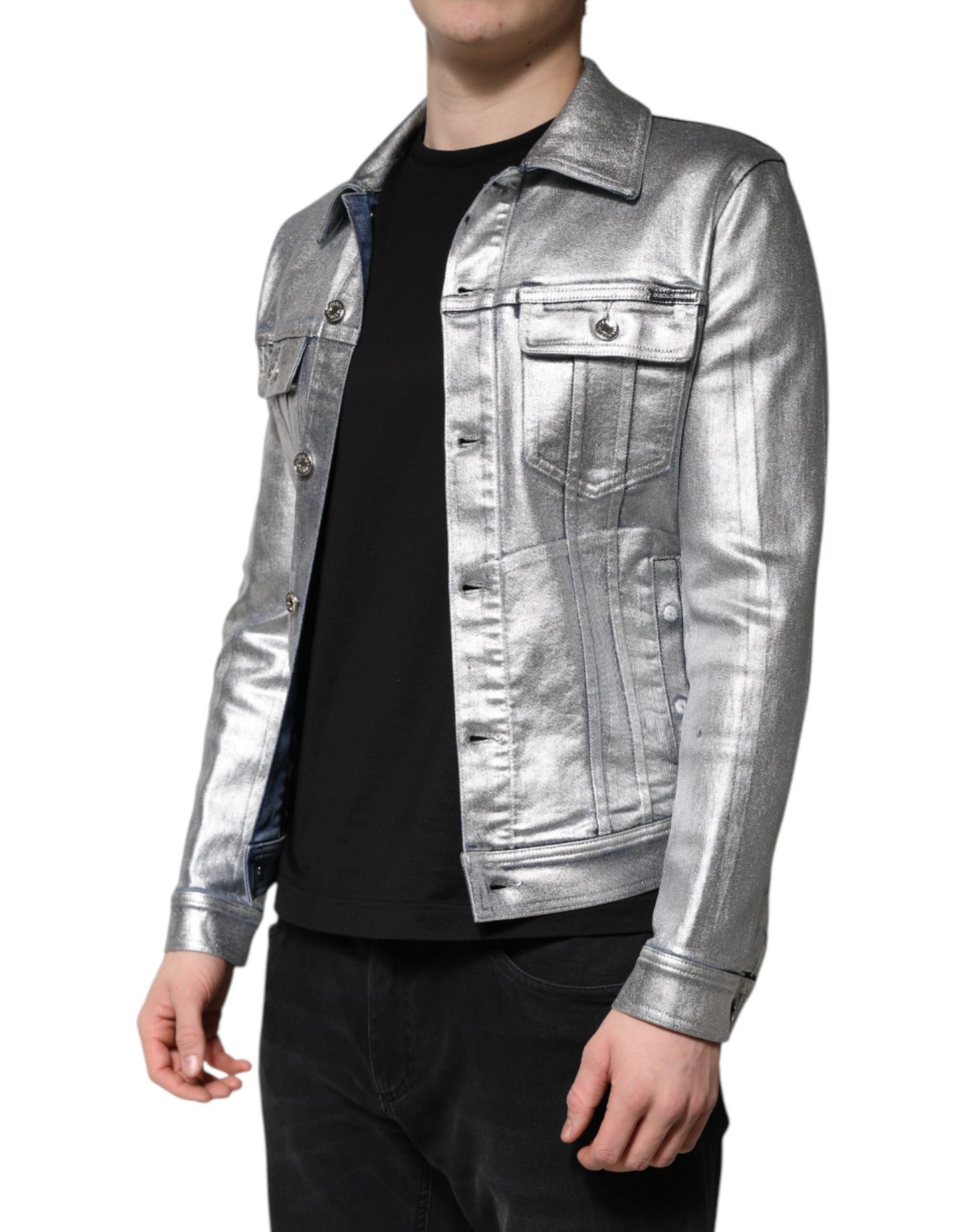 Silver Cotton Button Down Denim Biker Jacket
