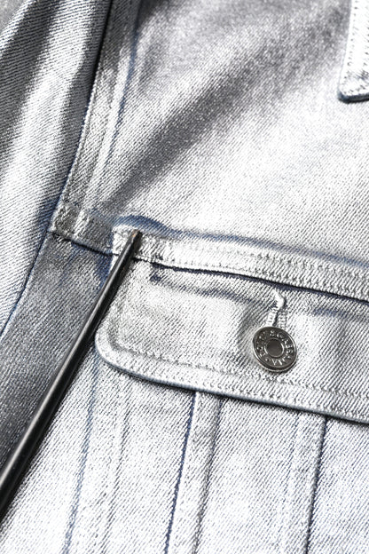 Silver Cotton Button Down Denim Biker Jacket