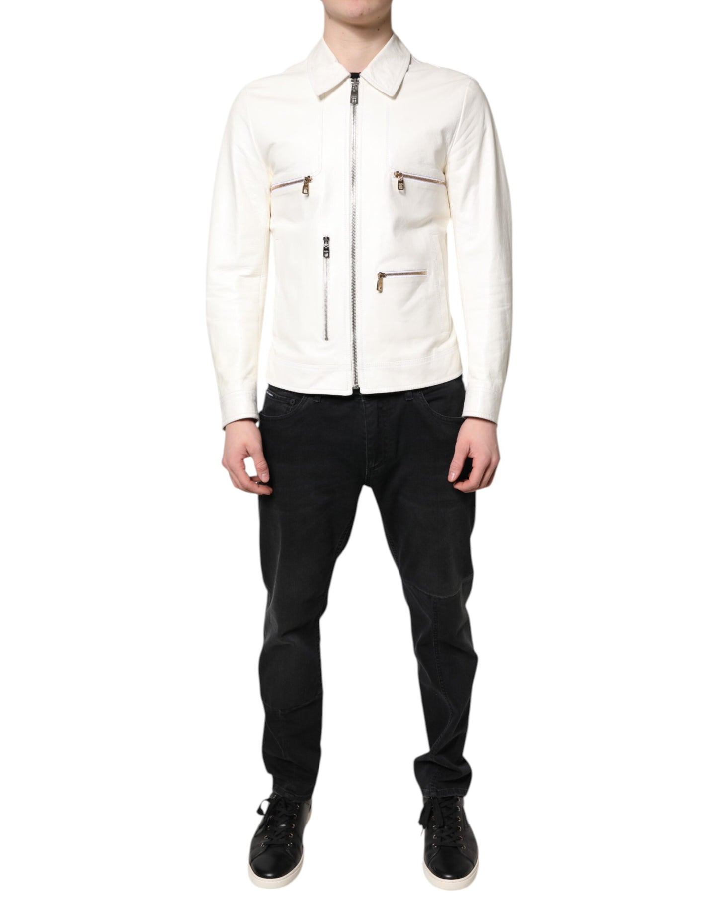 White Collared Full Zip Biker Coat Jacket