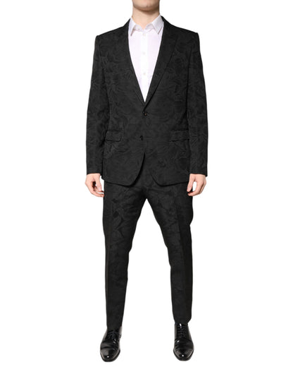 Black Polyester Floral Jacquard 2 Piece Suit