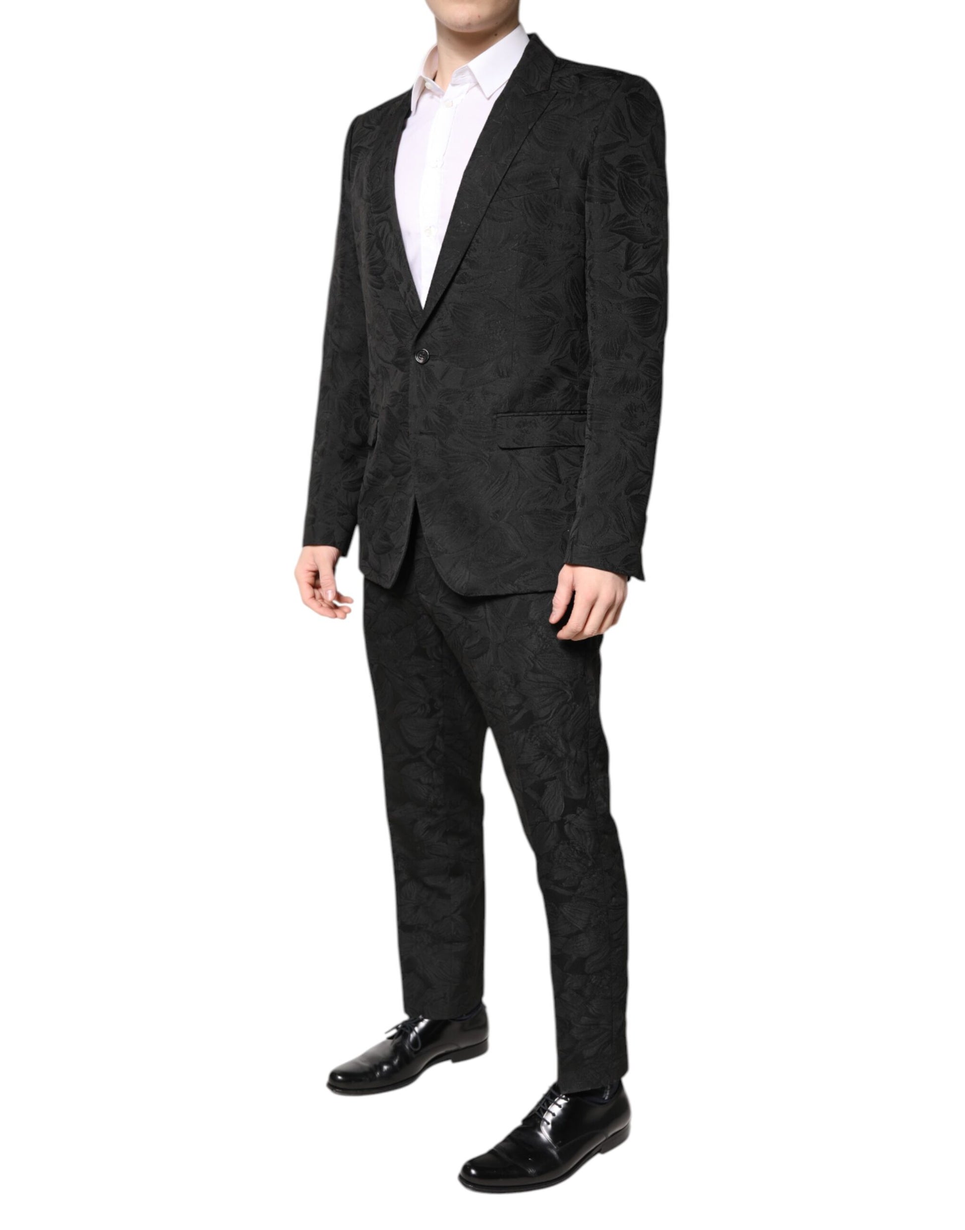 Black Polyester Floral Jacquard 2 Piece Suit