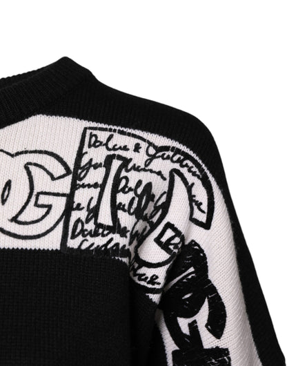 Black White Logo Print Wool Pullover Sweater