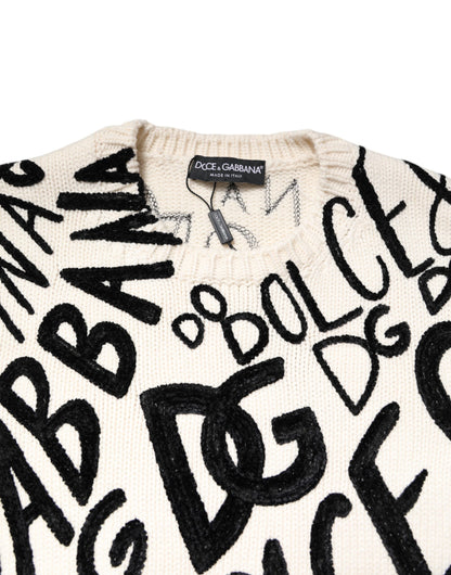 White Black Logo Print Women Pullover Sweater