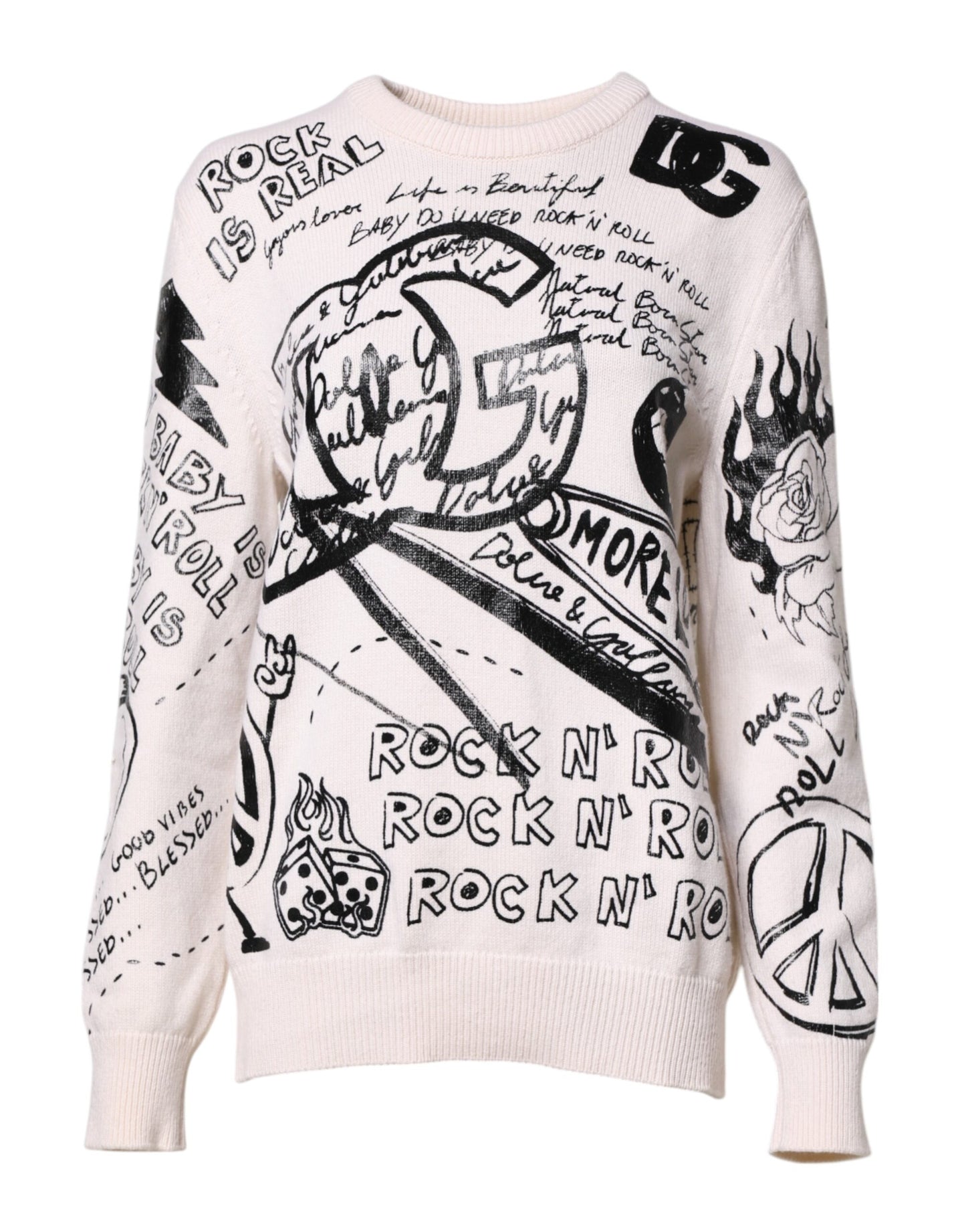 White Black Logo Print Women Pullover Sweater