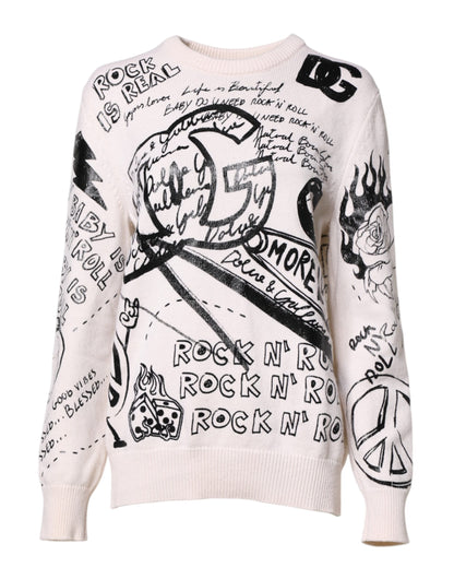 White Black Logo Print Women Pullover Sweater