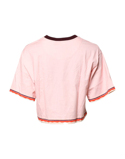 Pink Print Cotton Short Sleeves Cropped Top
