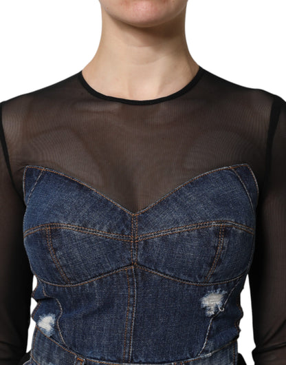 Black Blue Long Sleeves Denim Mini Dress