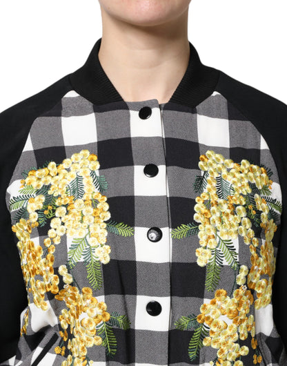 Black White Check Floral Button Down Jacket