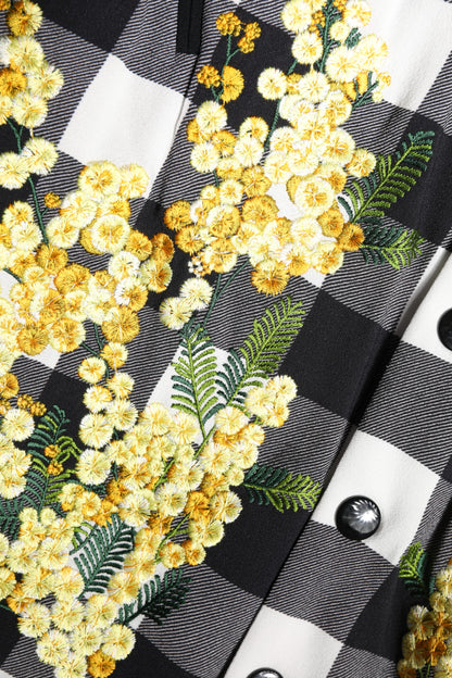 Black White Check Floral Button Down Jacket