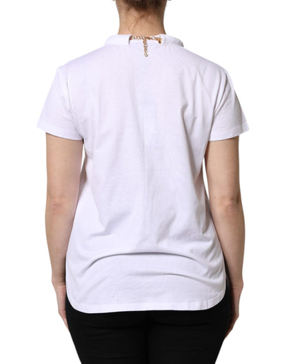 White Chain Pearl Cotton Round Neck T-shirt