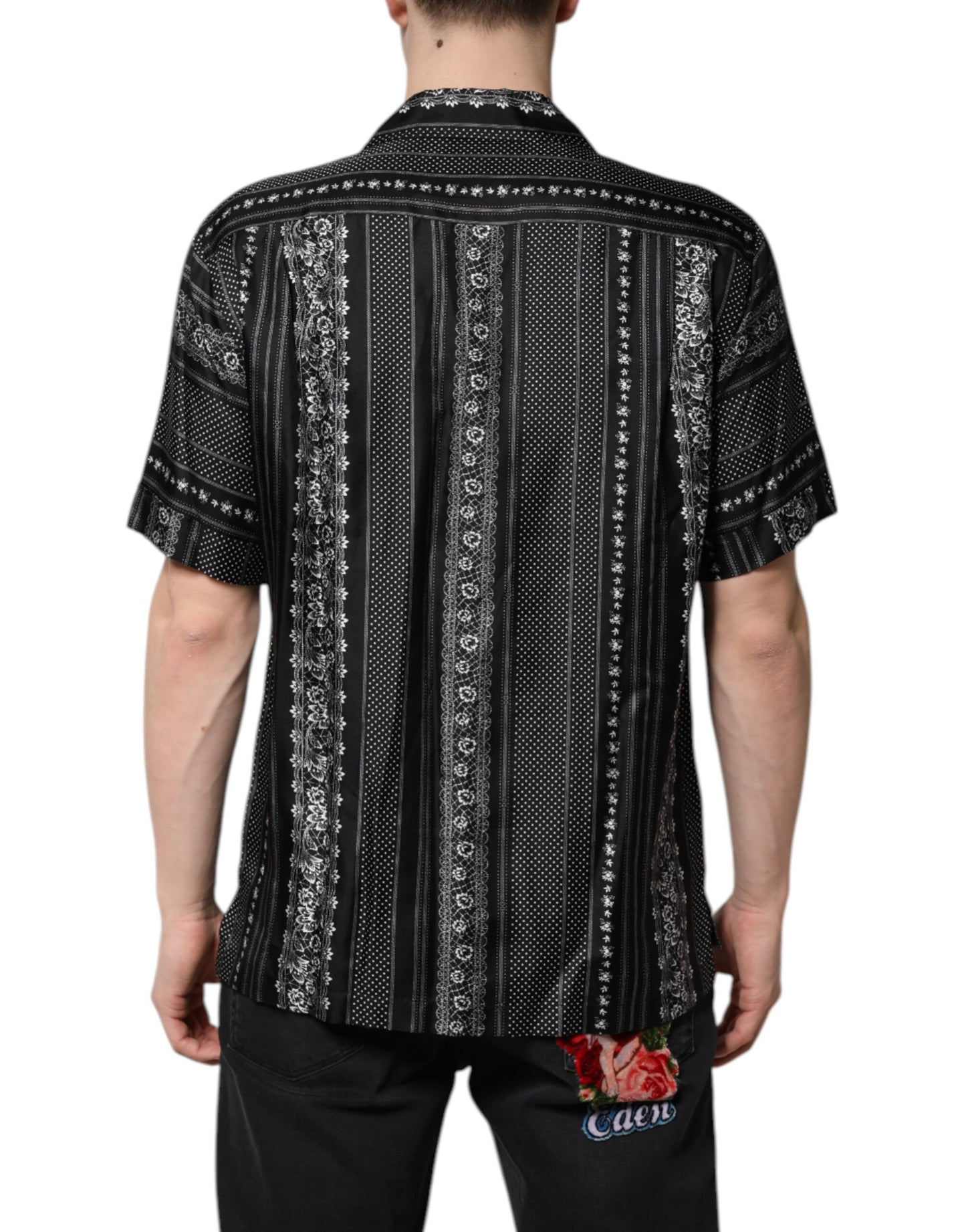 Black Silk Floral Print Short Sleeves Shirt