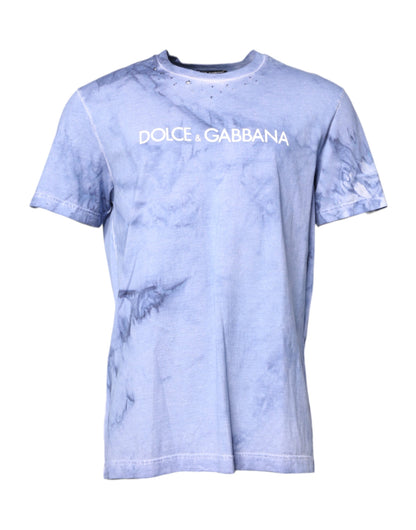 Blue Cotton Logo Print Crew Neck T-shirt