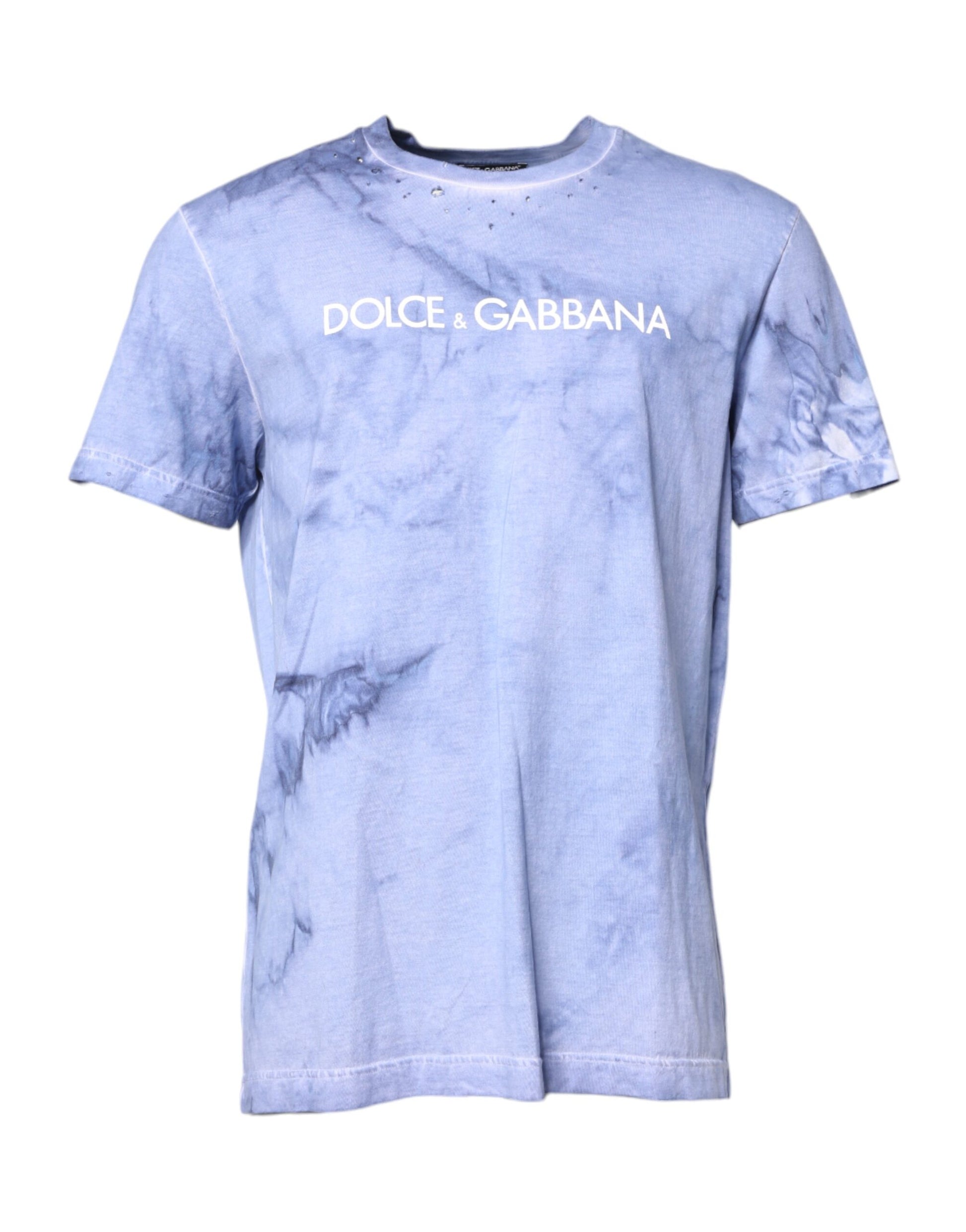 Blue Cotton Logo Print Crew Neck T-shirt