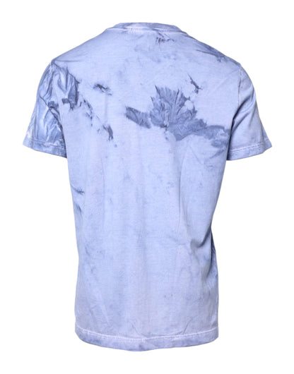 Blue Cotton Logo Print Crew Neck T-shirt