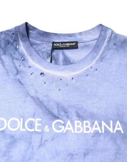 Blue Cotton Logo Print Crew Neck T-shirt